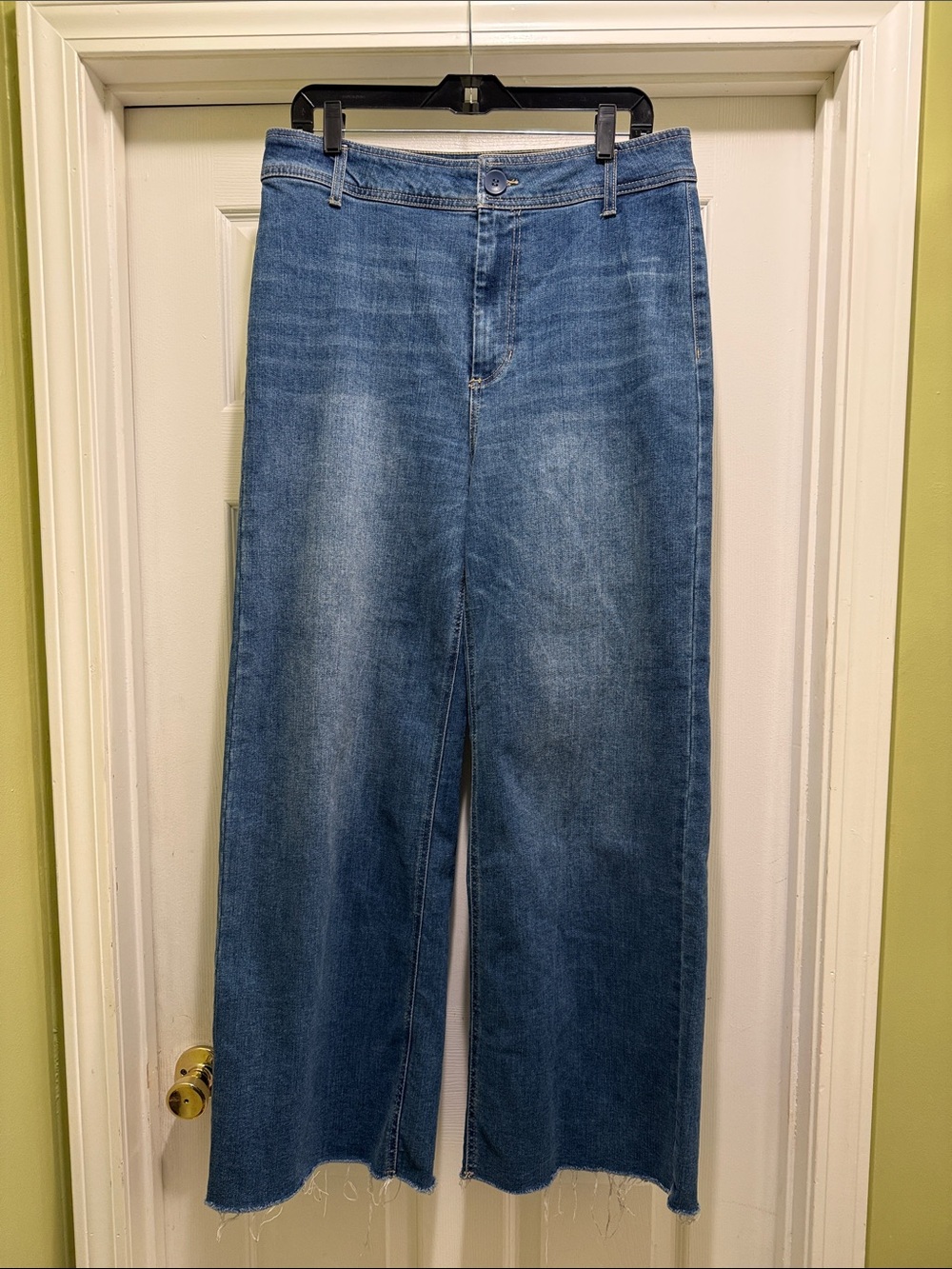 OAT New York High Rise Wide Leg Stretch Jeans Medium Wash Raw Hem size 12
